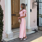 Rosa Satin Kleid mit Puffärmeln
