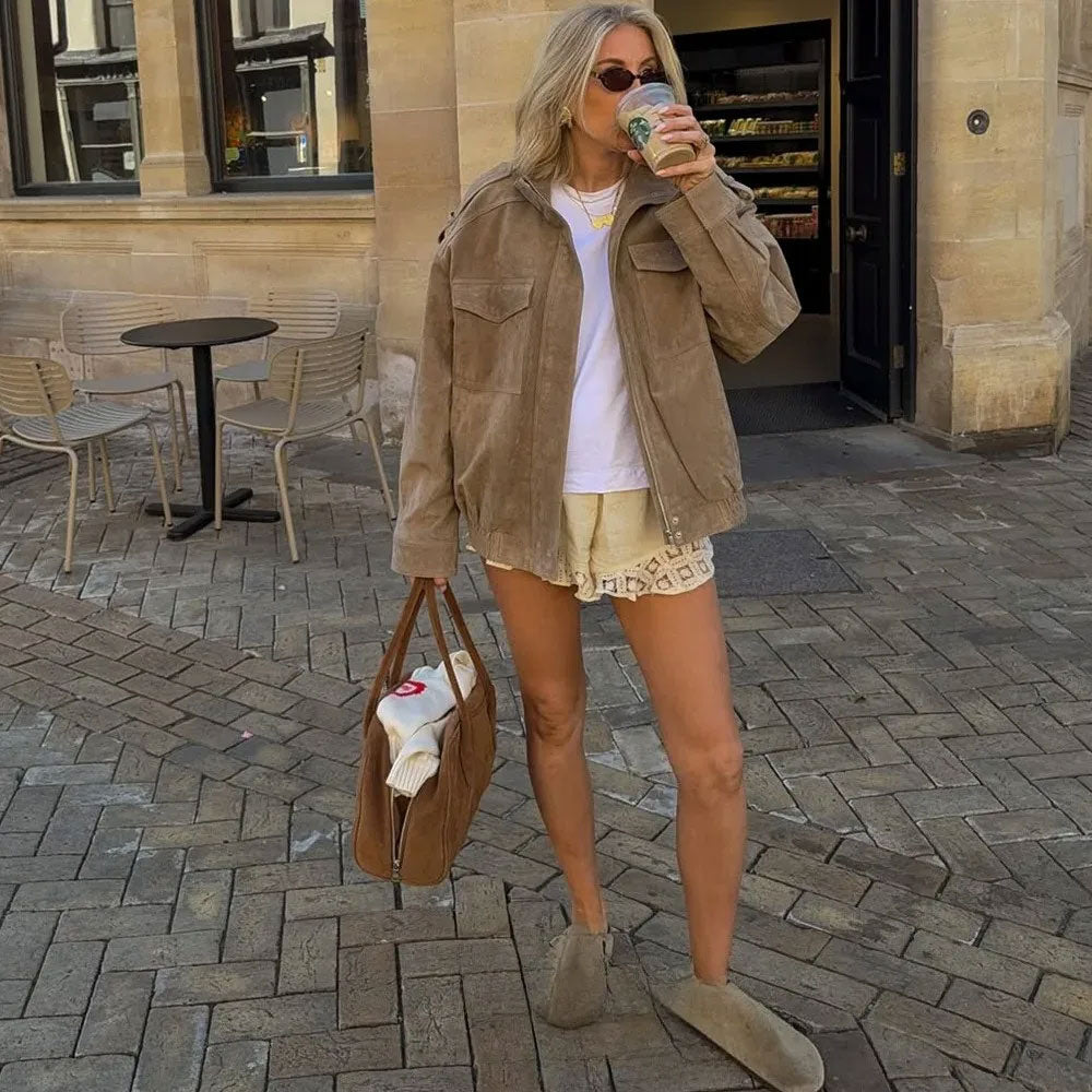 Wildleder Bomberjacke mit Taschen
