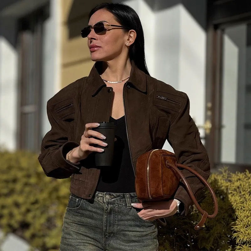 Kurze Wildlederjacke mit Reißverschluss